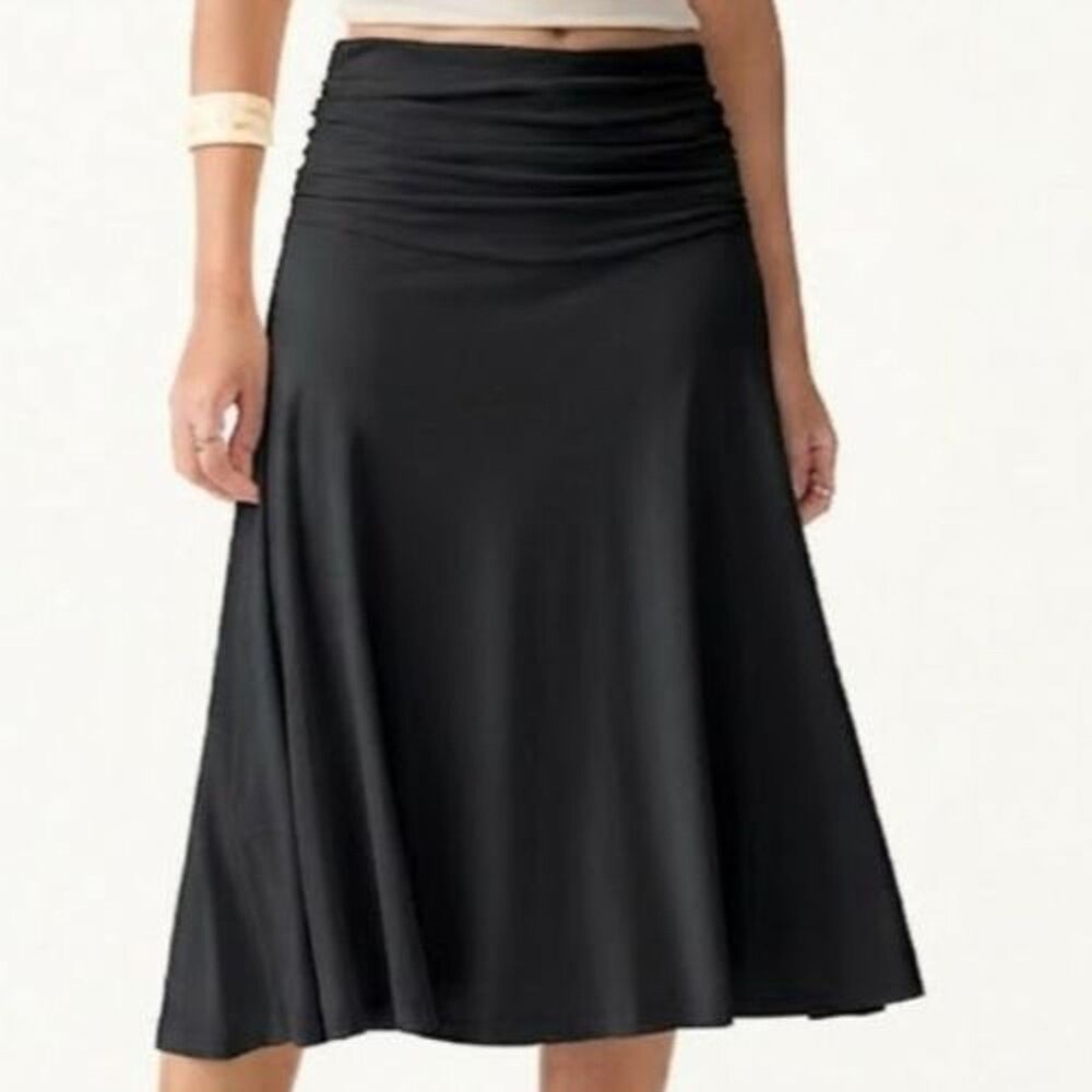 OGL Eco-SkinKiss Soft Stretchy Flowy Side Ruched A-line Midi Skirt Black Large